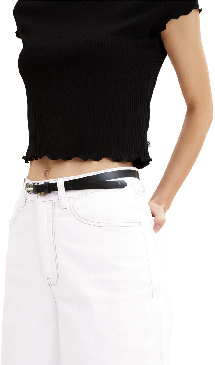 Tom Tailor Denim - TTPAULA smalle leren riem met afgeronde gesp - Maat 95 - black uni