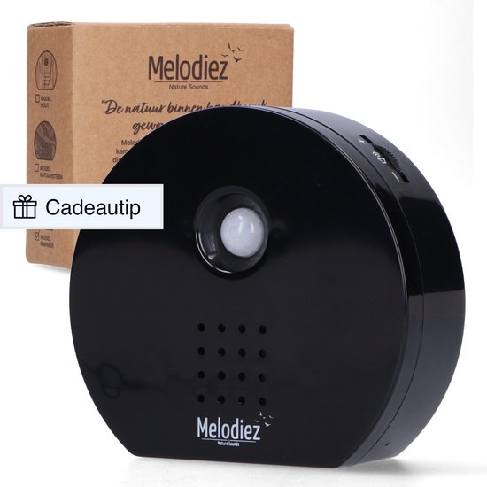 Melodiez Vogelgeluiden Huisje met Sensor - Box Incl. Batterijen en 4 Natuurlijke Vogel, Oceaan en Jungle geluiden - Vogelhuisje Met Geluid - Zwitscherbox - Vogelgeluiden Huisje Voor op Toilet - Zwart