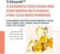 Gedetailleerde illustratie met bubbels en de tekst "TriAsorB™ 4 zonnefilters voor een zeer brede en stabiele UVB-UVA bescherming".