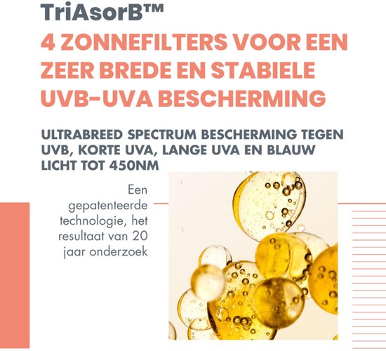 Gedetailleerde illustratie met bubbels en de tekst "TriAsorB™ 4 zonnefilters voor een zeer brede en stabiele UVB-UVA bescherming".
