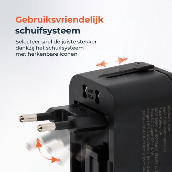 Zwarte reisadapter met uitschuifbare USA- en AUS-stekkers.