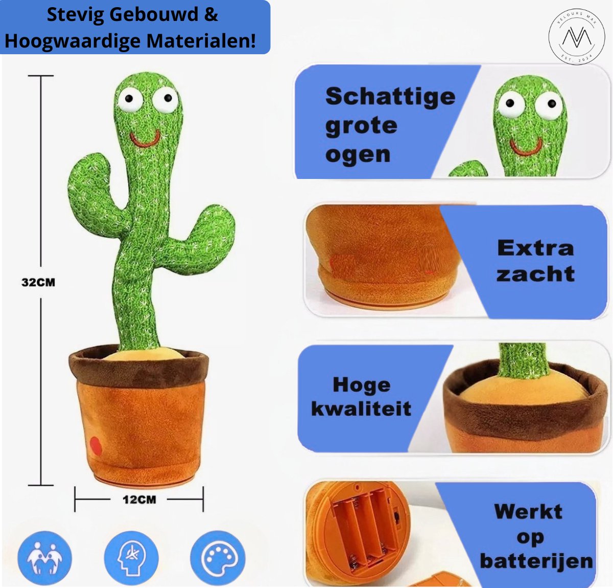 Velours Max® - Dansende Cactus - Interactieve Pratende Knuffel - TikTok - Dancing - 120 Liedjes - Recorder - Kinderen - Baby - Pluche - Speelgoed - Speelgoed 2 Jaar - Speelgoed 1 Jaar - Kinderspeelgoed - Knuffel - Knuffels - — afbeelding 10