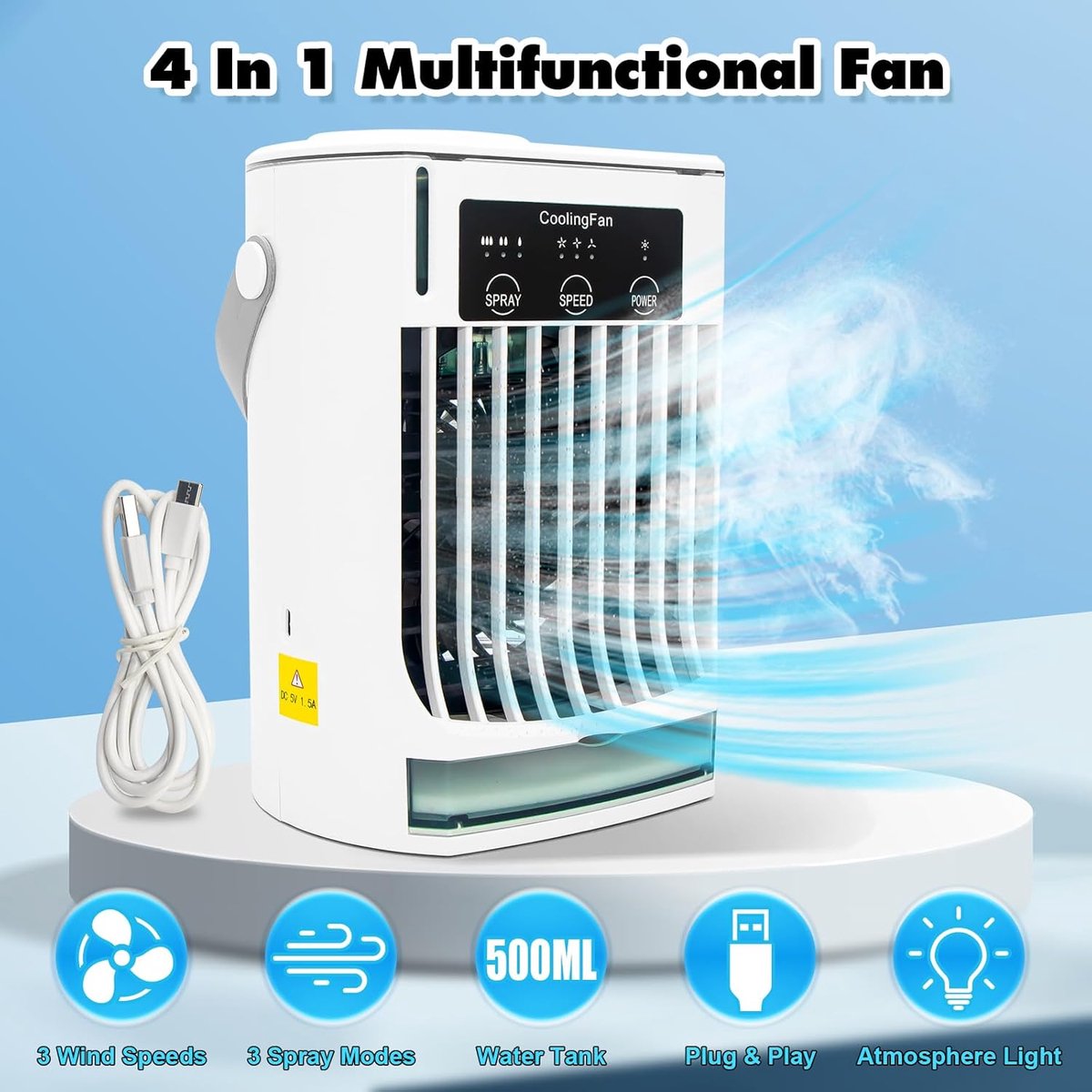 Mobiele airco zonder afvoer-mobiele airco zonder slang-3-in-1 mini-afvoerloze draagbare airconditioner-mobiele airco voor slaapkamer-3 windsnelheden, grote watertank, luchtkoeler voor slaapkamer, thuiskantoor-wit thumbnail 2