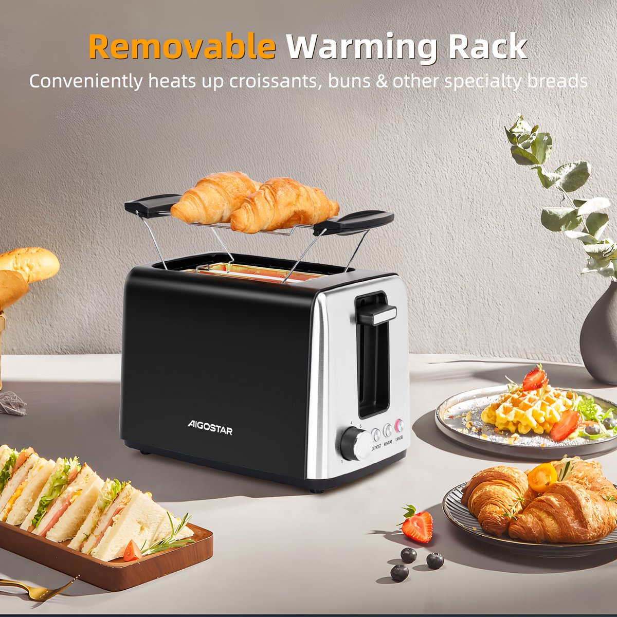 Aigostar 30A49 Delish - Broodrooster - Toaster - 2 Extra Brede Sleuven - 7 Warmteniveaus - Met Externe Grill - Reheat en Ontdooi-functie - 750W - Zwart thumbnail 4