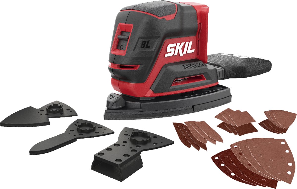 SKIL Borstelloze Accu Multischuurmachine - 20V - Schuurmachine - Handpalmschuurmachine - 3 schuurhulpstukken & 24 schuurpapier vellen - Zonder Accu & Oplader