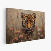 FineArtia - Tijger tussen bloemenveld - Canvas Schilderij - 150 x 100 cm - Woonkamer Decoratie - Bruin - Slaapkamer Schilderij - Wanddecoratie