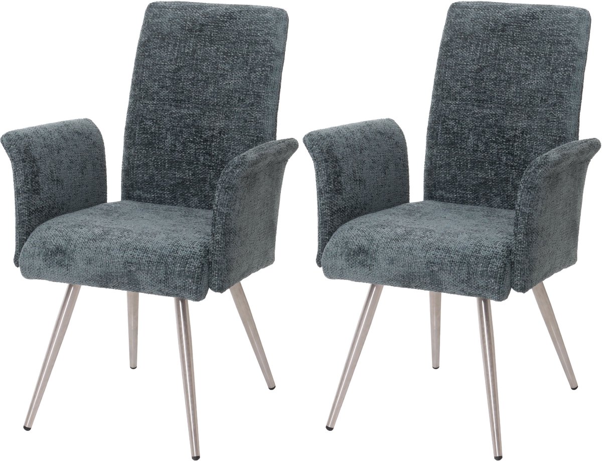 MCW Set van 2 eetkamerstoelen MCW-G55, stoel met armleuningen, geborsteld roestvrij staal, stof/textiel chenille ~ blauwgroen