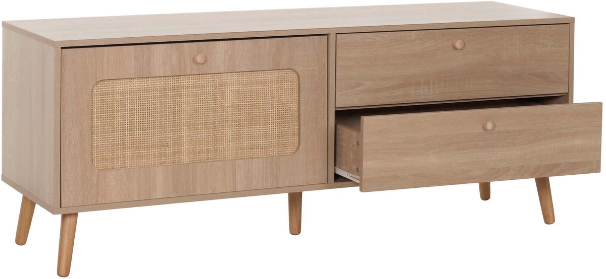 MCW TV-rek MCW-M38, lowboard TV-tafel TV-meubel ladekast, lade deur, Kubu rotan hout 56x140x41cm eiken-look bruin