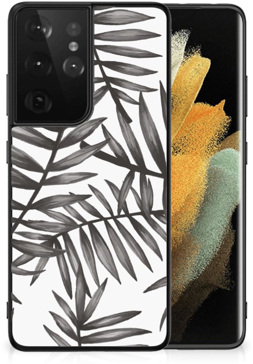 Samsung Galaxy S21 Ultra Bloemen Hoesje Leaves Grey