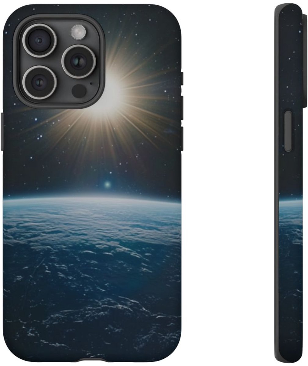 Blauwe Aardhorizon met Stralende Zon – Telefoonhoesje Geschikt voor iPhone 15 Pro Max