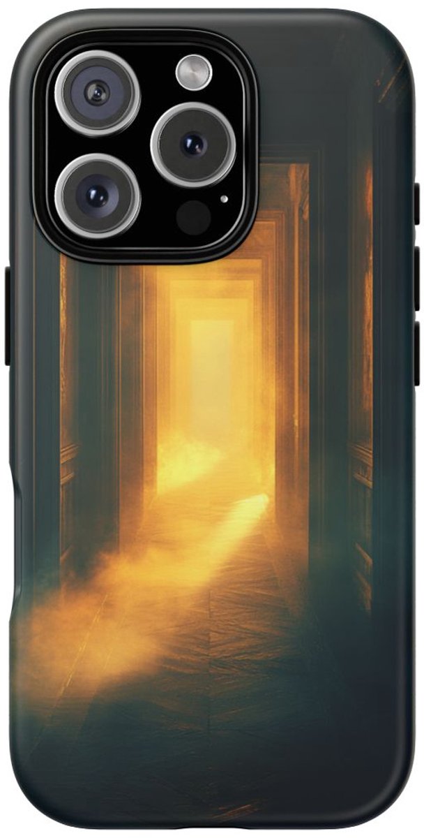 Mistige Gang met Gloeiend Licht – Telefoonhoesje Geschikt voor iPhone 16 Pro