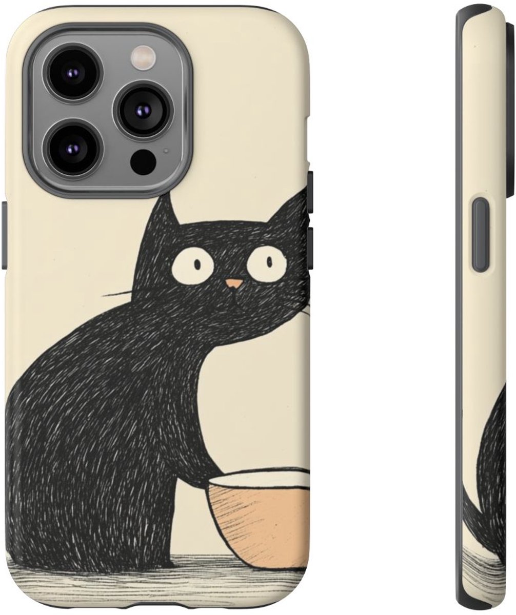 Zwarte Kat met Kom Illustratie – Telefoonhoesje Geschikt voor iPhone 14 Pro