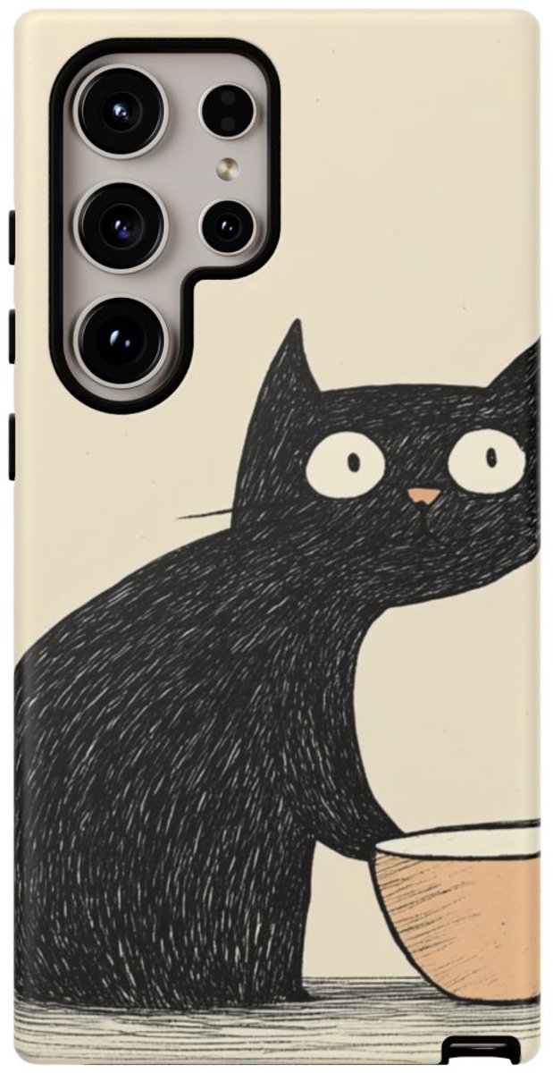 Zwarte Kat met Kom Illustratie – Telefoonhoesje Geschikt voor Galaxy S24 Ultra