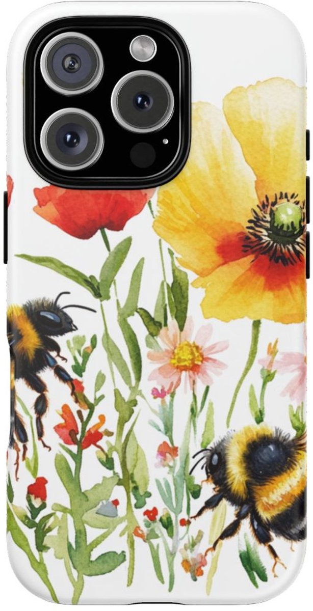 Aquarel Hommels en Wilde Bloemen – Telefoonhoesje Geschikt voor iPhone 16 Pro