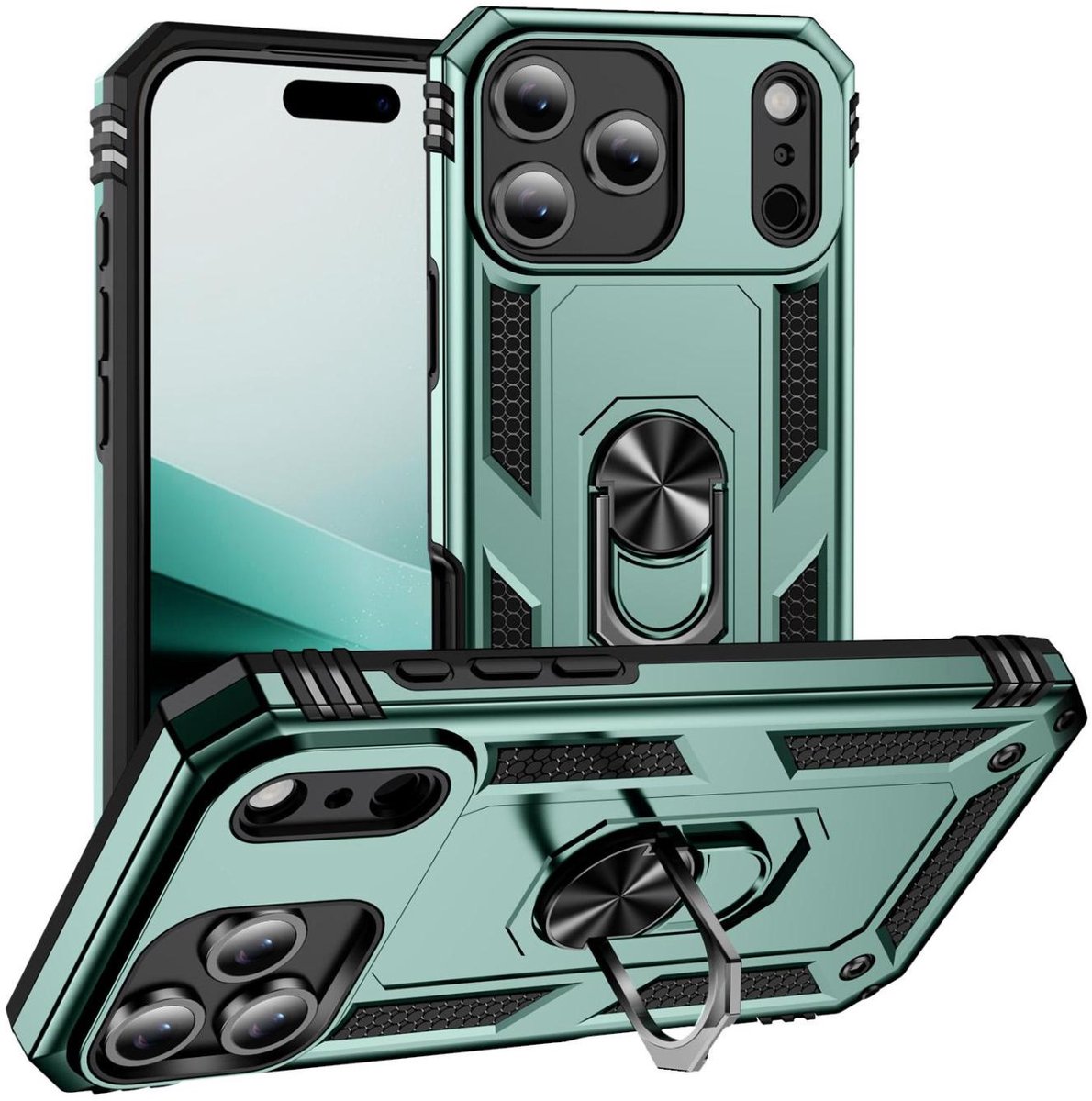Mobigear Hoesje geschikt voor Apple iPhone 17 Pro Telefoonhoesje Hardcase | Mobigear Armor Ring Backcover Shockproof met Ringhouder | Schokbestendig iPhone 17 Pro Telefoonhoesje | Anti Shock Proof - Groen