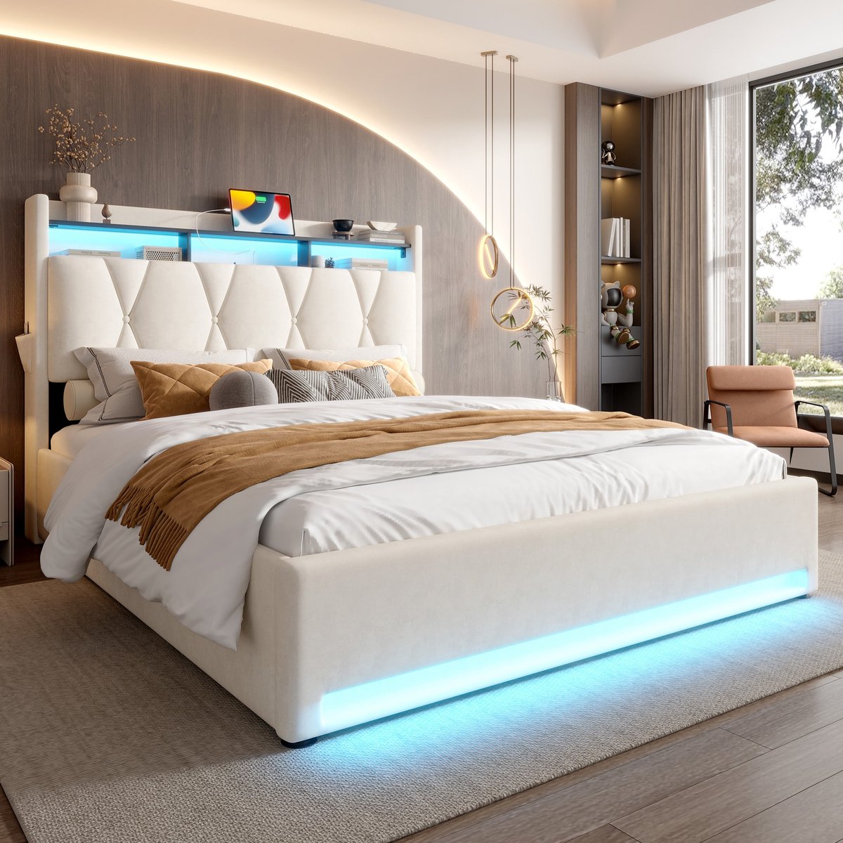 Sweiko Tweepersoonsbed - 160 x 200 cm - LED-verlichting - USB Type-C - Opbergruimte - Beig