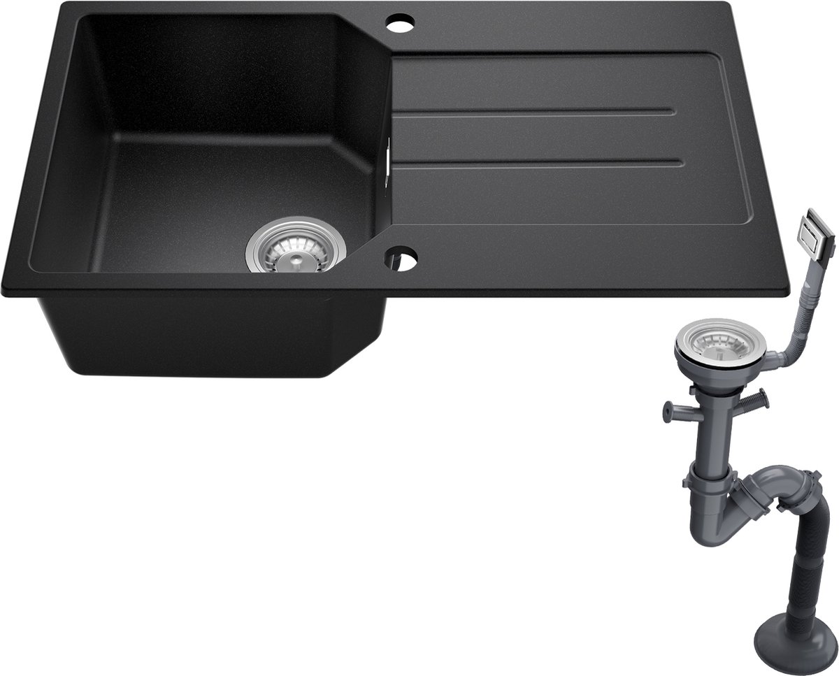 ANYCEE MAX Granieten Spoelbakken 78 x 45 cm - 1 Gootsteen Zwart Granieten - Spoelbak Keuken Met Snijplank en Waterafvoersysteem - Zwart