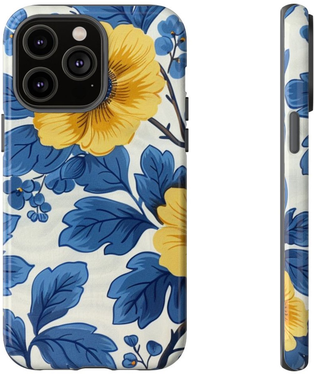 Blauw-Geel Bloemenpatroon – Telefoonhoesje Geschikt voor iPhone 14 Pro Max