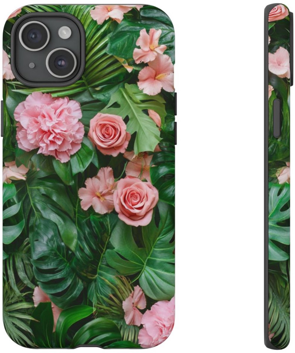 Roze Rozen en Tropische Bladeren Patroon – Telefoonhoesje Geschikt voor iPhone 15 Plus