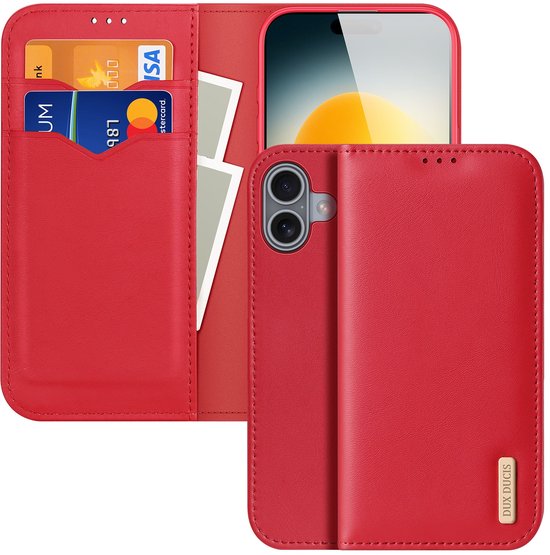 Étui de téléphone en cuir rouge ouvert, avec téléphone et porte-cartes.