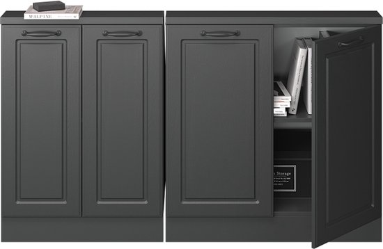 Antracietkleurige kast van 4 deuren met landelijke grepen, één deur staat open.
