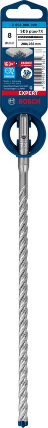 Bosch EXPERT SDS plus-7X hamerboor 8 x 200 x 265 mm in blauwe verpakking met ophangoog.