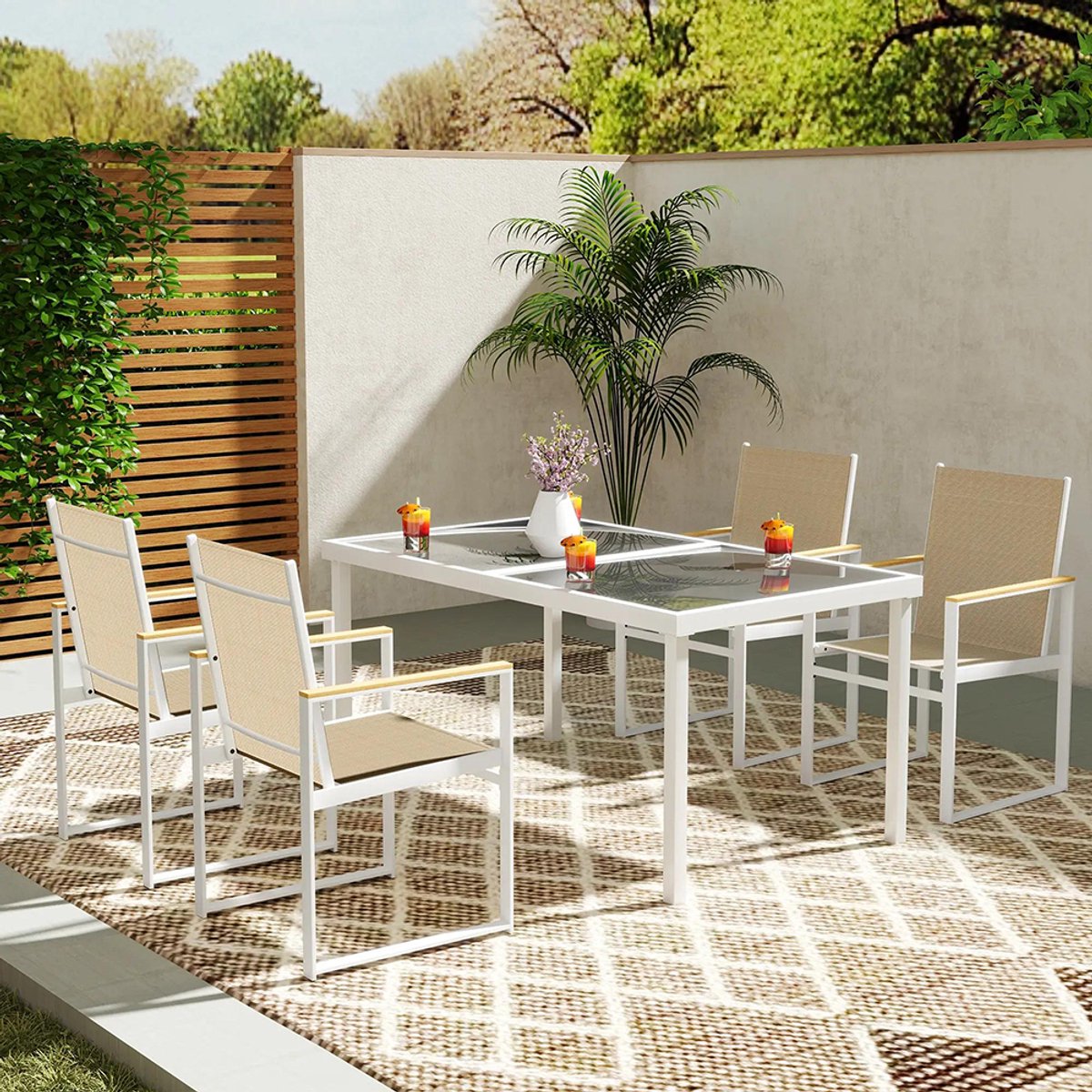Sweiko Tuin Dining loungeset - 5-delig - Glazen tafelblad - 4 stoel - Stalen frame - Wit