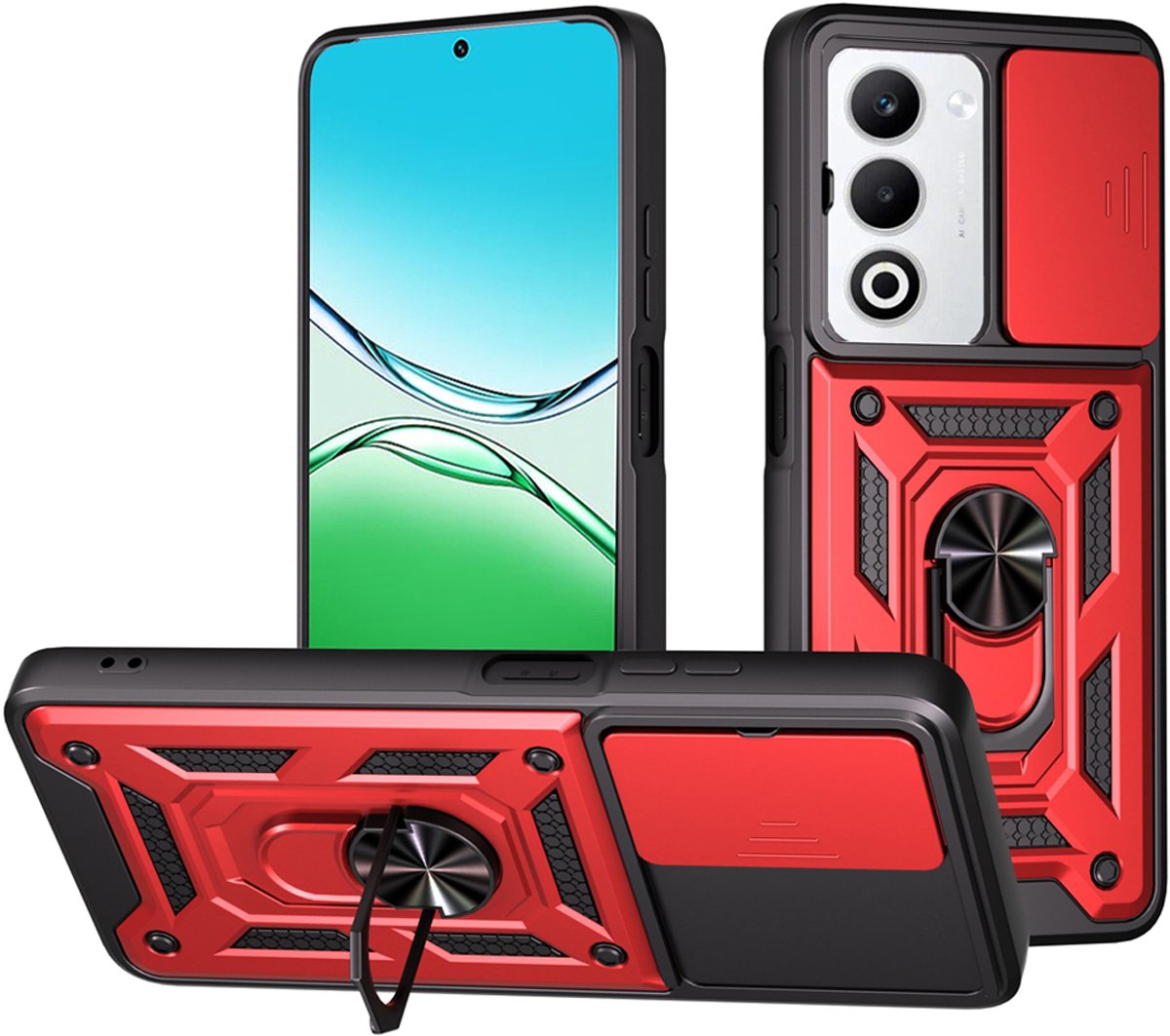 MobyDefend Hoesje - Geschikt voor Oppo A5 5G - Pantsercase Met Draaibare Ring - Rood
