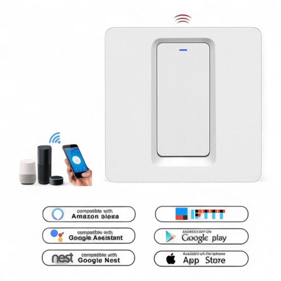 Slimme WiFi Lichtschakelaar | 1 Knop | Indrukbare Schakelaars | Werkt met Alexa en Google Home | Tuya Smart Life App | Beveiliging