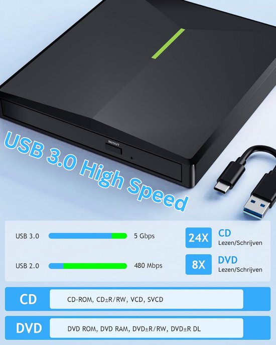 Externe DVD Speler voor Laptop - CD Brander - Plug & Play — afbeelding 3