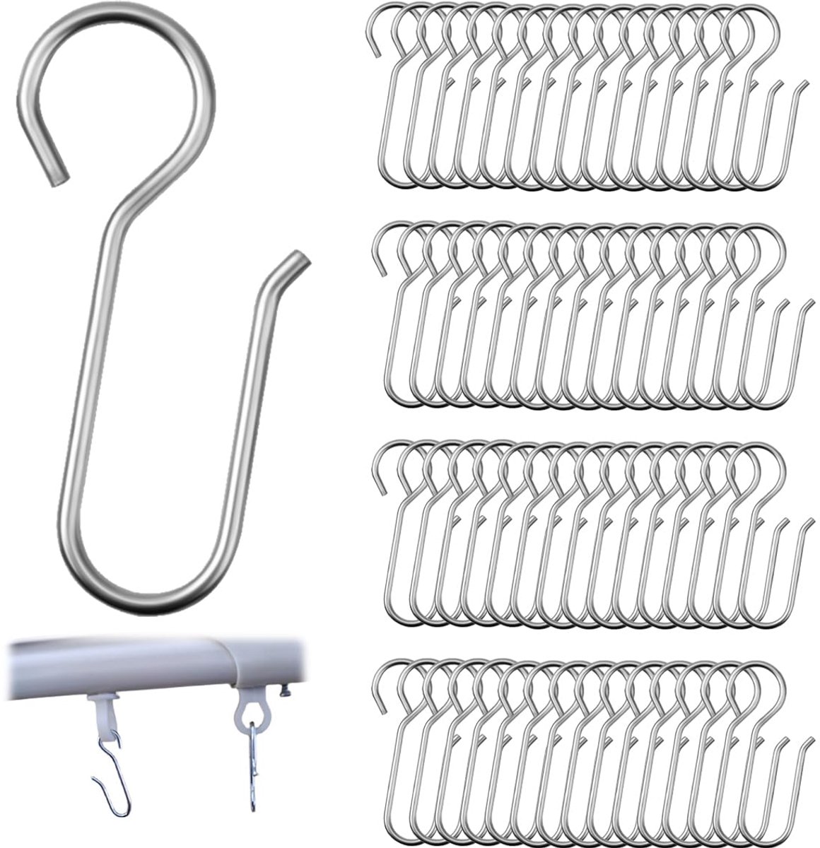 Ibenzoa® Metalen S-vormige haken voor gordijnen en meer, set van 60 stuks, zilverkleurig en roestvrij staal, multifunctionele ophangoplossing