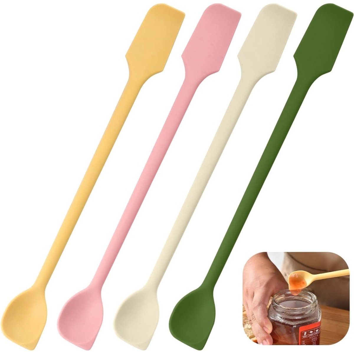 Daity 4 stuks - mini siliconen schrapers - multifunctionele kleine schrapers voor keuken - cosmetica en potten - herbruikbare roerstaafjes voor jam - lotion - smalle en dunne flessen -