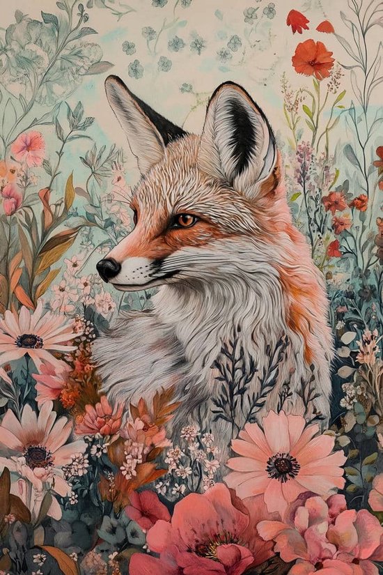 Affiche Renard - Fleurs - Art - Animaux - Botanique - Plantes - Nature - posters - format 50x70cm - Décoration murale - S5321CW