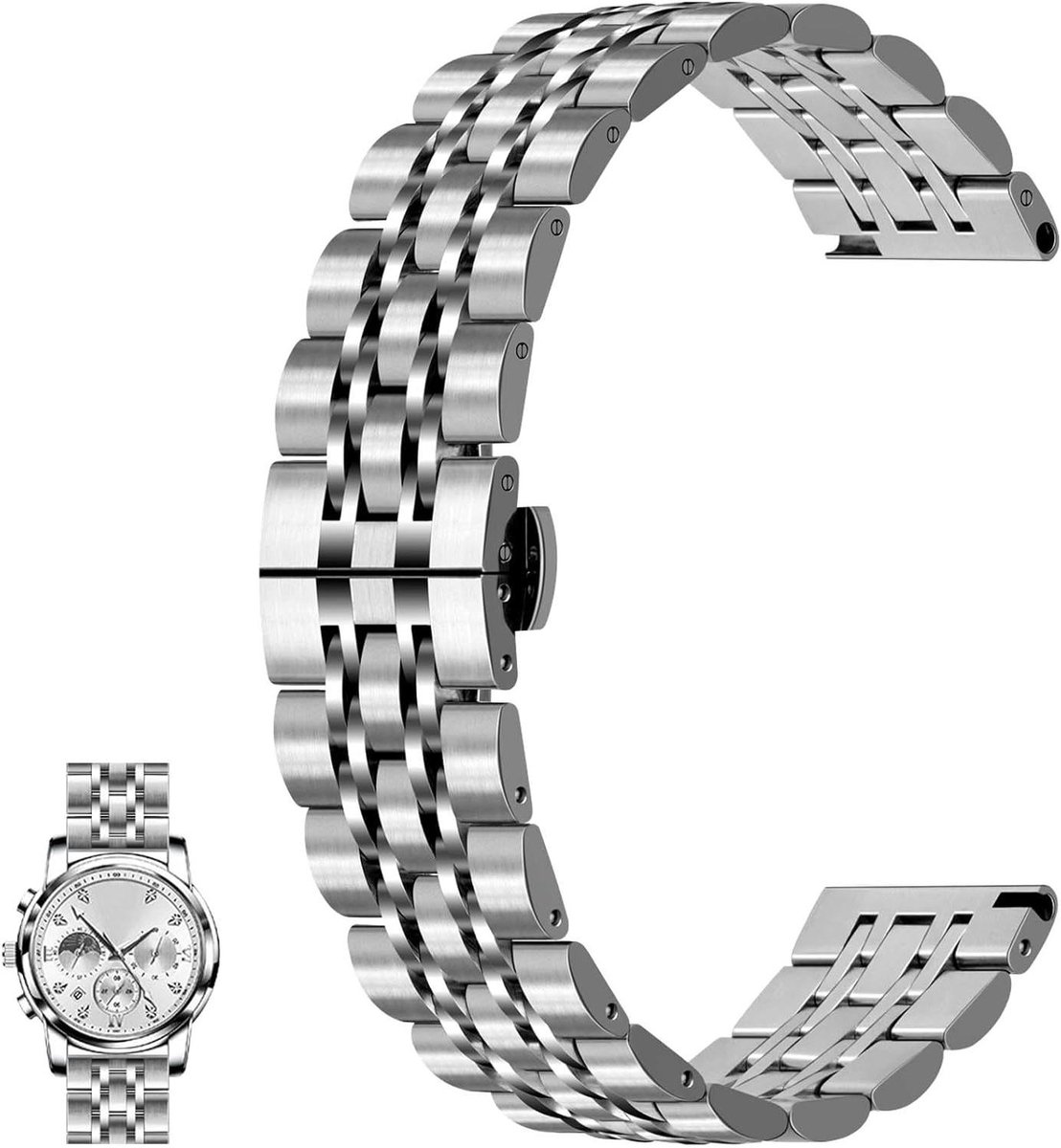 Allecto Premium - Verstelbare roestvrij stalen horlogeband 20mm 22mm voor mannen vrouwen - Zakelijke metalen band met vlindersluiting - Diverse kleuren - 7 kralen quick release