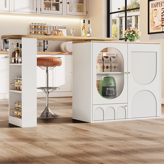 Uittrekbare bartafel met opbergruimte, beweegbare bartafel, telescopische bartafel met led, statafel, bistrotafel, hoge tafel, keukeneiland, bistrotafel, grote opbergruimte, 138-204 x 39 x 105 cm (wit