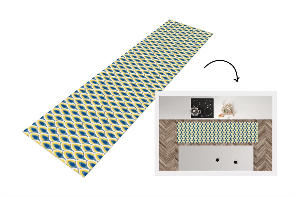 KitchenYeah Keukenloper 240x60 cm - Keukenmat vinyl Design - Patroon - Retro - Geel - Blauw - Keukenmatten loper - Keuken vloerkleed tapijt