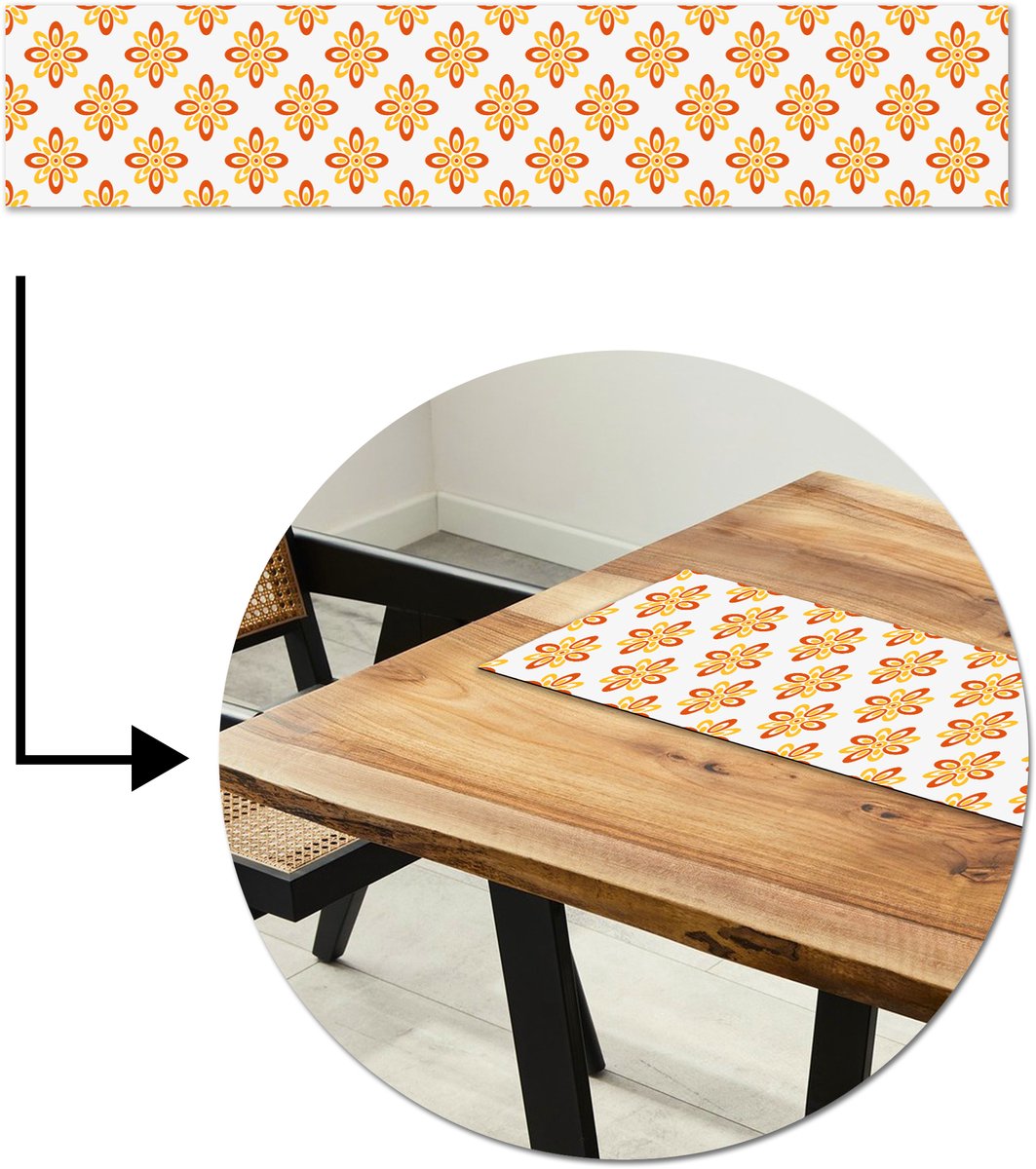 Tafelloper 150x30 cm - Tafelmat vinyl Patroon - Jaren 70 - Bloemen - Oranje - Tafeldecoratie - Tafelversiering - Keuken decoratie - Tafel versiering