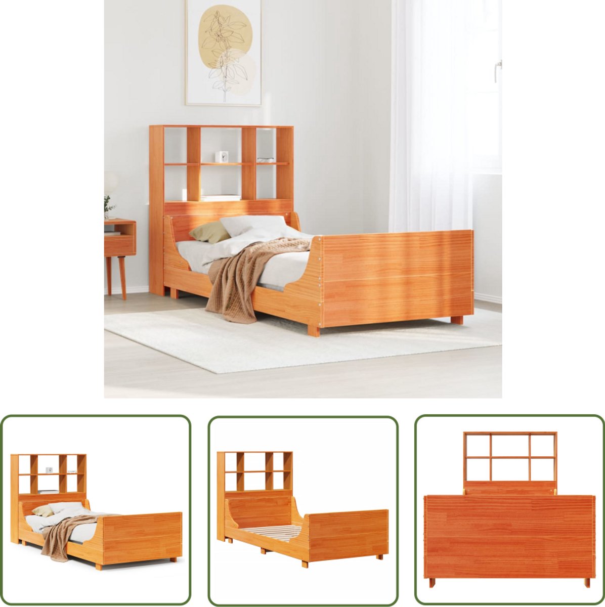 vidaXL Bed - Slaapkamers - Bed met boekenkast zonder matras hout wasbruin 100x200 cm - Houten Bed - Boekenkastbed - Massief Grenenhout