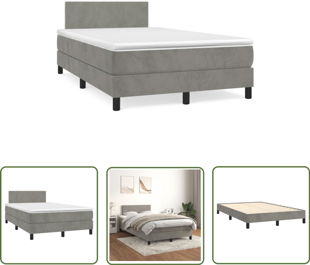 vidaXL Boxspringbed - Boxspring - Boxspring met matras fluweel lichtgrijs 120x190 cm - Fluweel Bed - Licht Grijs Bed - Tweepersoons Bed
