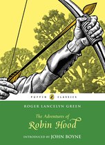 Boekcover van 'The Adventures of Robin Hood' met een illustratie van een hand die een pijl en boog vasthoudt, tegen een gele achtergrond met boom silhouetten.