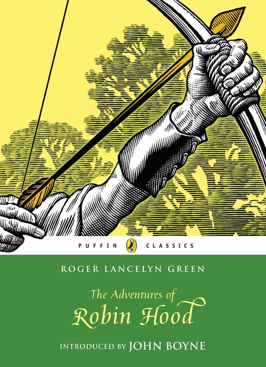 Boekcover van 'The Adventures of Robin Hood' met een illustratie van een hand die een pijl en boog vasthoudt, tegen een gele achtergrond met boom silhouetten.