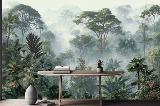 Vliesbehang Fotobehang - Misty Jungle Serenity Wallpaper - 250x250 centimeter