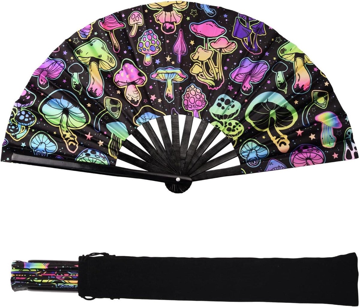 Allecto Plus - Opvouwbare UV Glow Paddestoel Hand Fan voor Festivals en Raves met Bamboe Handvat