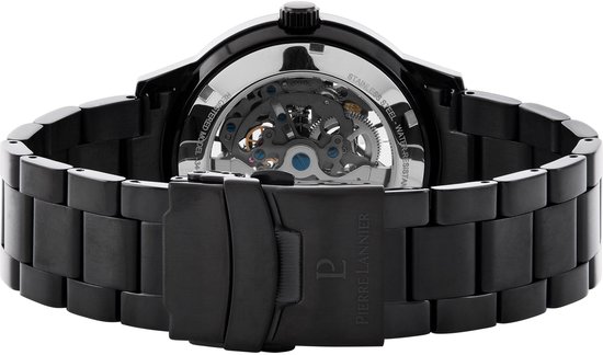 Zijkant van zwart automatisch horloge Pierre Lannier met zichtbare mechaniek en gesp.