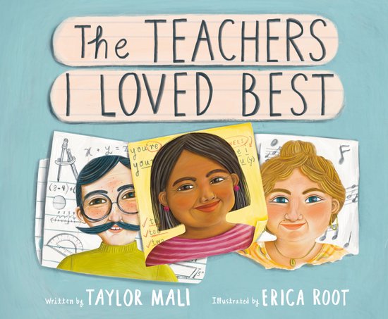 Boekomslag 'The Teachers I Loved Best' met illustraties van drie diverse leraren op een lichtblauwe achtergrond.