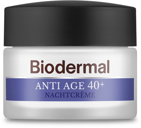 Biodermal Anti Age 40+ Nachtcrème in een glazen potje met zwarte deksel.