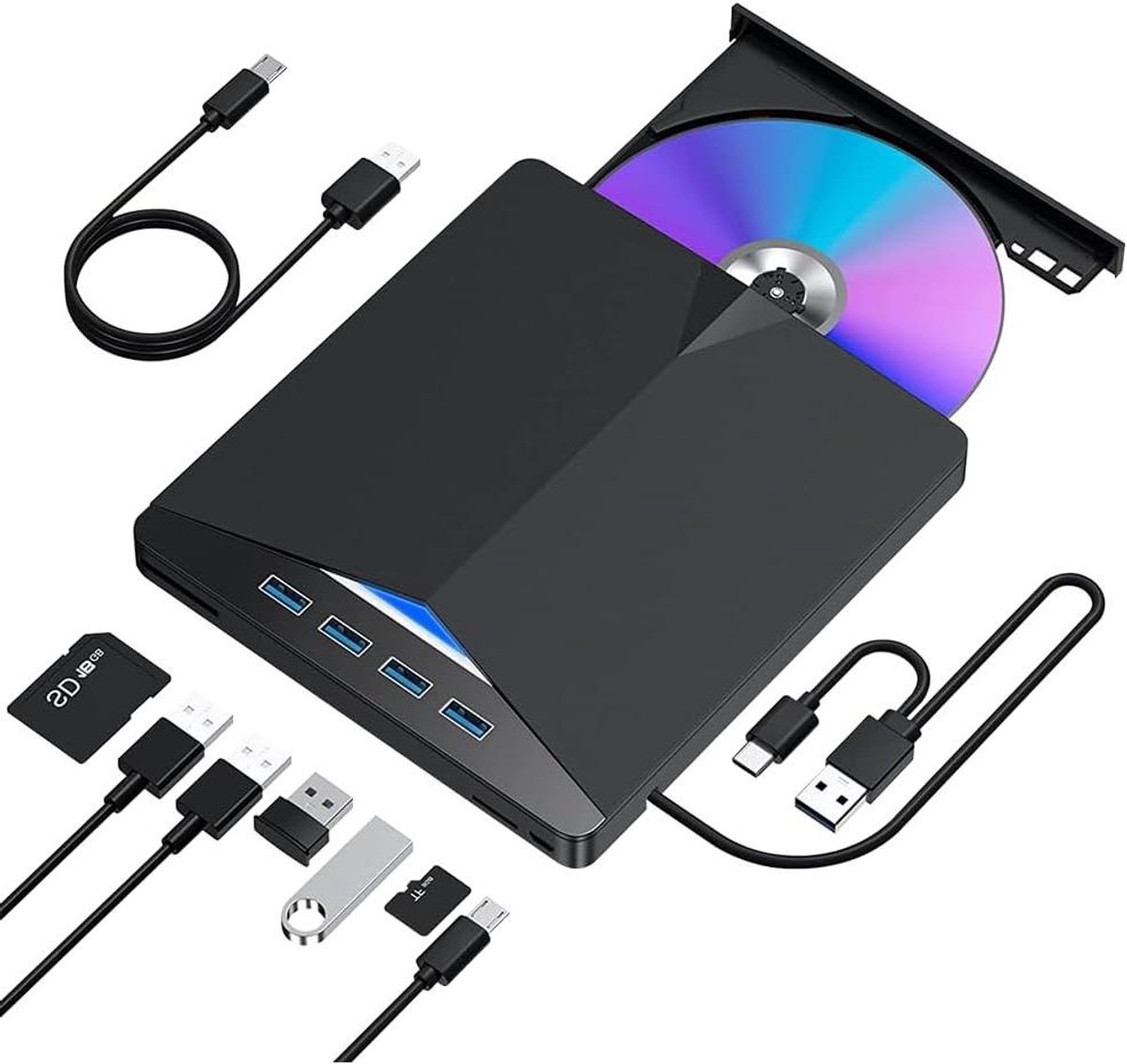 Allecto Plus - Externe CD DVD Drive USB 3.0 & Type-C - Draagbare Brander met SD/TF Slot - 4 USB-poorten - Laptop Windows Linux MacBook iMac