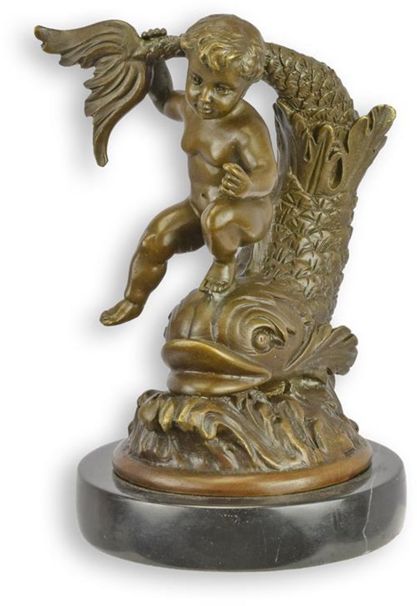Bronzen beeld - Putto on a Fish - sculptuur - 15,9 cm hoog