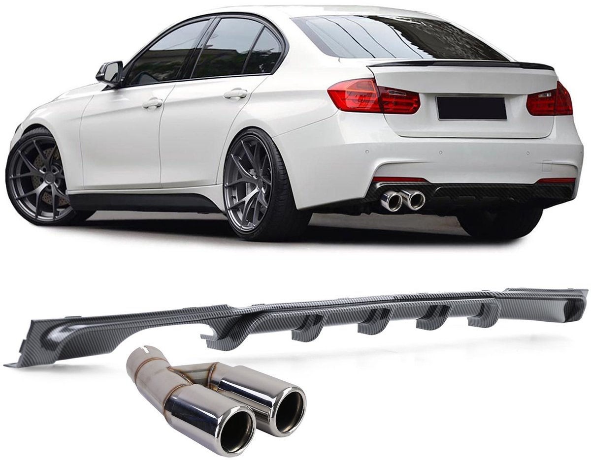 Sport Diffuser Carbon look + Uitlaat Sierstuk Chrome Geschikt Voor BMW 3 Serie F30 F31 316i 318i 320i M Pakket
