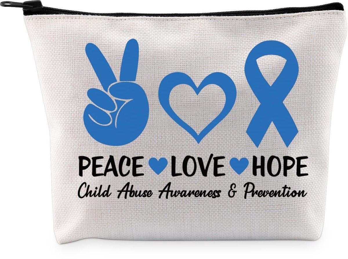 Stop C-hild Abuse Gift Peace Love Hope Makeup Bag Blue Ribbon Cosmetic Bag C-hild Protection Gift, Peace Love Hope Bag